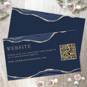 Navy Marble Agate Gold Glitter Wedding Website QR Enclosure Card