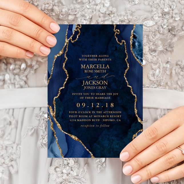 Navy Marble & Gold Agate Wedding Invitation (Creator Uploaded)