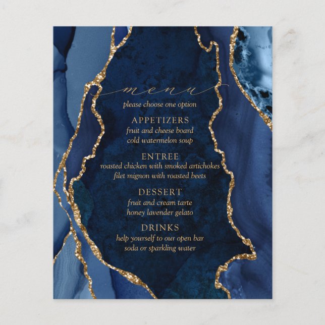 Navy Marble & Gold Agate Wedding Menu (Front)