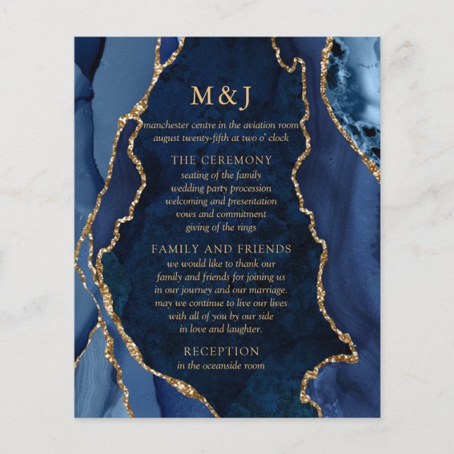 Navy Marble & Gold Agate Wedding Program (Front)