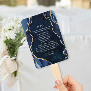 Navy Marble & Gold Agate Wedding Program Hand Fan