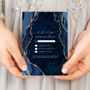 Navy Marble & Gold Agate Wedding RSVP Invitation