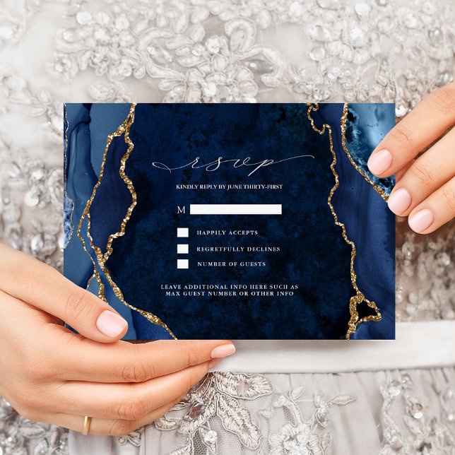 Navy Marble & Gold Agate Wedding RSVP Invitation (Creator Uploaded)