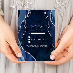 Navy Marble & Silver Agate Wedding RSVP Invitation