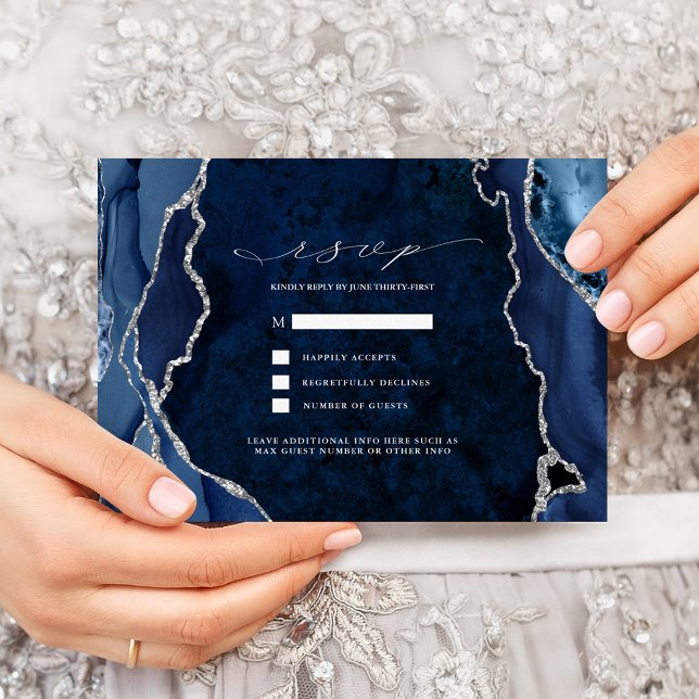 Navy Marble & Silver Agate Wedding RSVP Invitation (Creator Uploaded)
