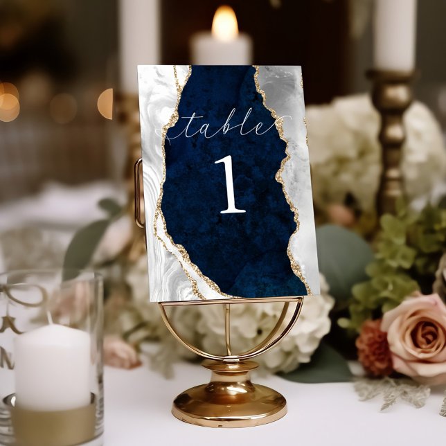 Navy Marble, White & Gold Agate Table Card (Creator Uploaded)