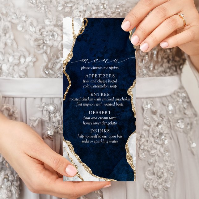 Navy Marble, White & Gold Agate Wedding Menu (Creator Uploaded)