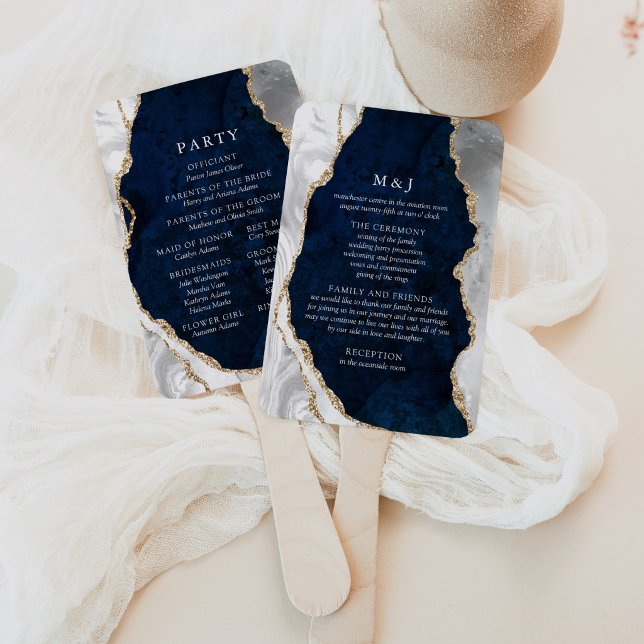 Navy Marble, White & Gold Agate Wedding Program Hand Fan (Creator Uploaded)