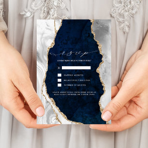 Navy Marble, White & Gold Agate Wedding RSVP Invitation