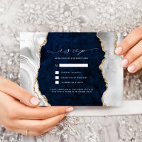 Navy Marble, White & Gold Agate Wedding RSVP