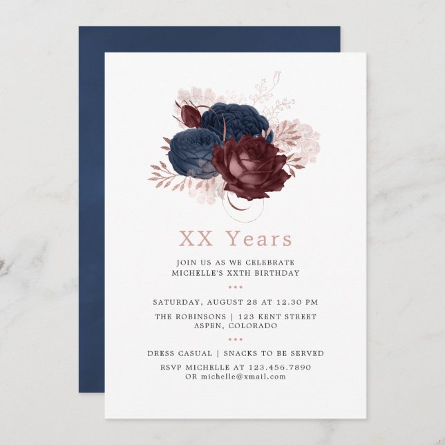 Navy, Maroon and Rose Gold Floral Birthday Invitation (Front/Back)