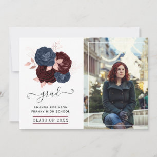 Navy, Maroon and Rose Gold Floral Graduation Photo Announcement