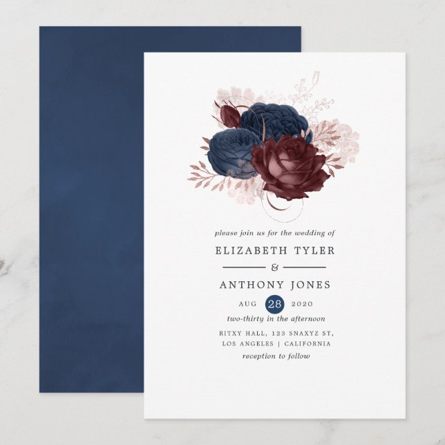 Navy, Maroon and Rose Gold Floral Wedding Invitation (Front/Back)