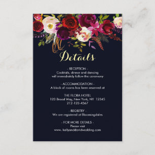 Navy Marsala Bohemian Floral Wedding Details Info Enclosure Card