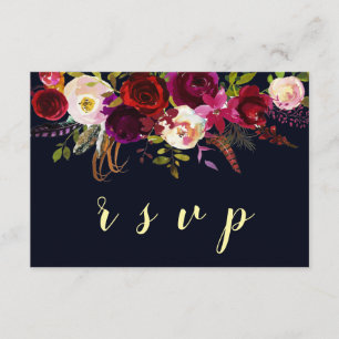 Navy Marsala Boho Floral Fall Wedding RSVP Card