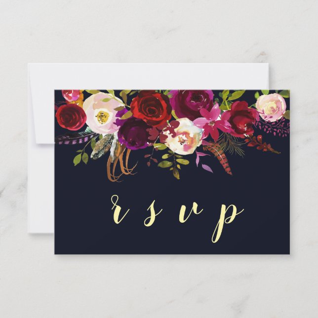 Navy Marsala Boho Floral Fall Wedding RSVP Card (Front)