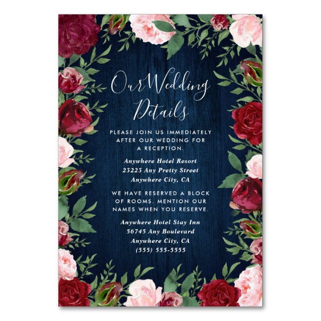 Navy Marsala Country Rustic Wedding Insert Cards (Front)