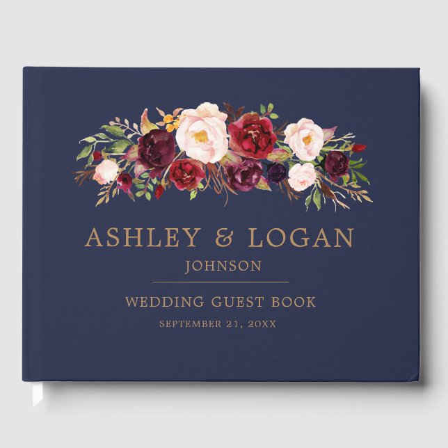 Navy Marsala Floral Elegant Wedding Guest Book (Front)