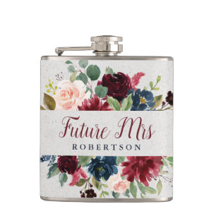 Navy Marsala Floral Future Mrs Bachelorette Custom Hip Flask