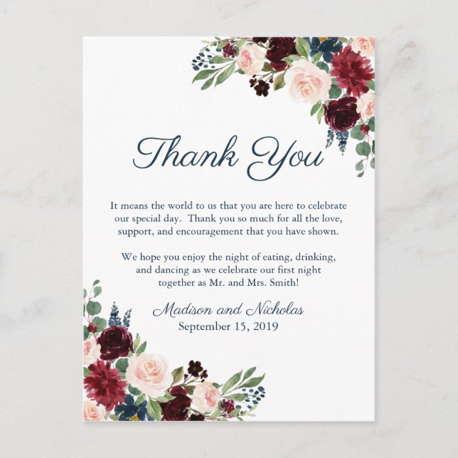 Navy Marsala Floral Place Setting Thank You Card (Front)