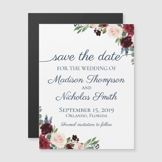 Navy Marsala Floral Save the Date Magnets (Front/Back)