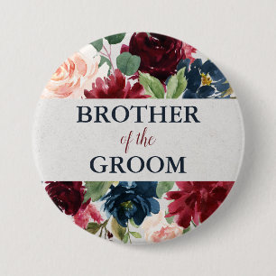 Navy & Marsala Floral Shabby Chic Brother of Groom 7.5 Cm Round Badge
