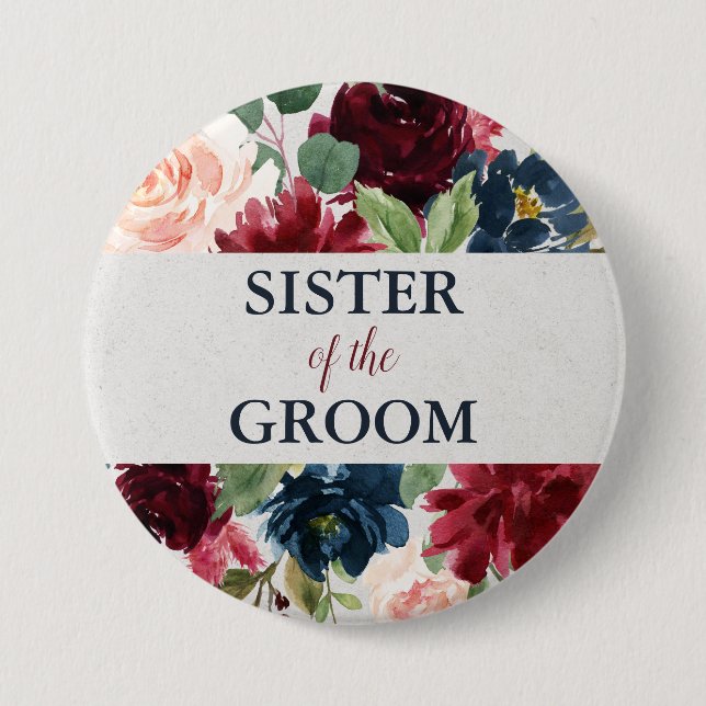 Navy & Marsala Floral Sister of the Groom Gift 7.5 Cm Round Badge (Front)