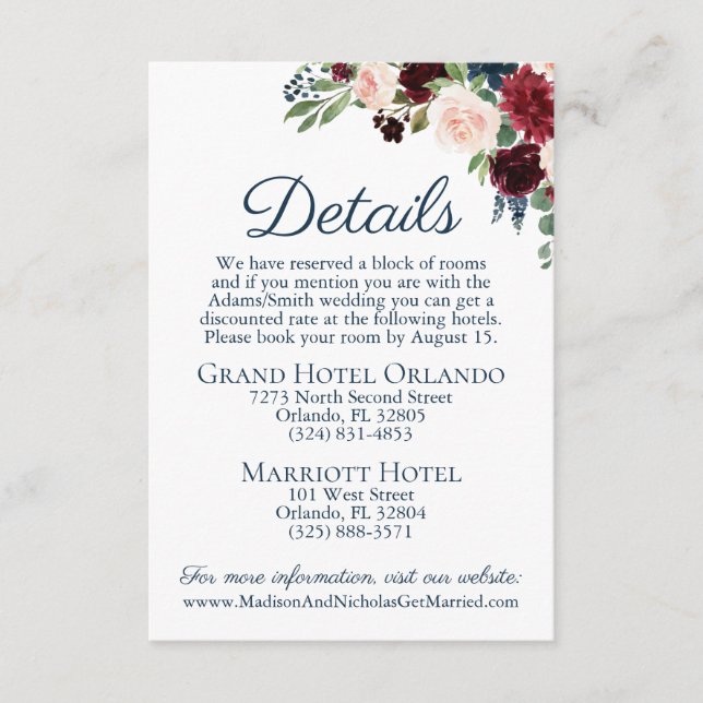 Navy Marsala Floral Wedding Details Card Inserts (Front)