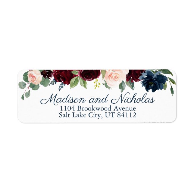 Navy Marsala Floral Wedding Return Address Labels (Front)