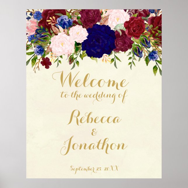 navy marsala floral wedding welcome sign modern (Front)
