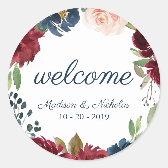 Navy Marsala Floral Wedding Welcome Stickers (Front)