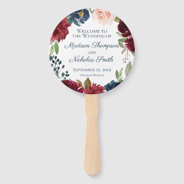 Navy Marsala Flower Wedding Program Circle Fan (Front)