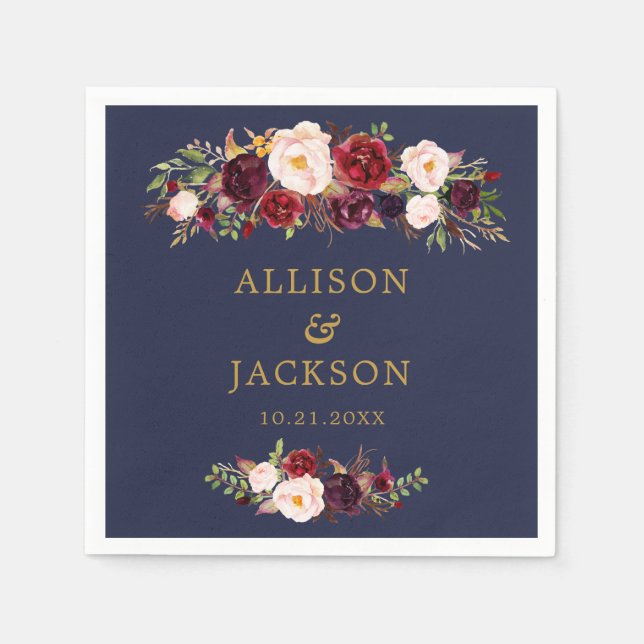 Navy Marsala Gold Flowers Monogram Wedding Napkin (Front)