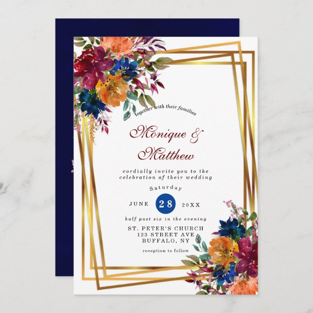 Navy Marsala Orange Floral Geometric Wedding  Invitation (Front/Back)