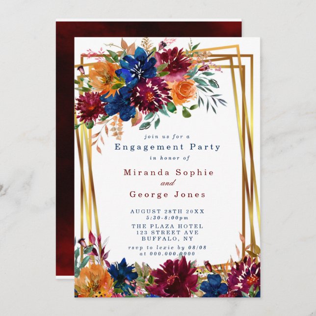 Navy Marsala Orange Floral Gold Engagement Party Invitation (Front/Back)