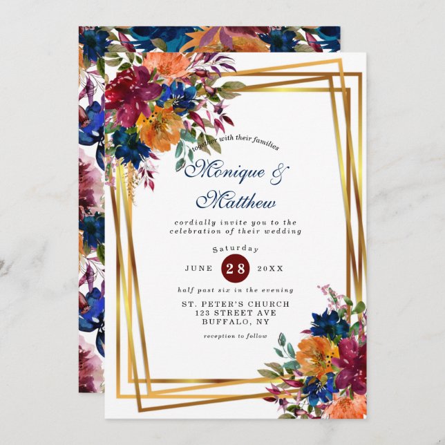 Navy Marsala Orange Floral Gold Geometric Wedding Invitation (Front/Back)