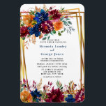 Navy Marsala Orange Floral Gold Wedding Invite Magnet<br><div class="desc">This design features a floral element in navy blue,  orange and Marsala burgundy with autumn fall foliage watercolor leaves and wildflowers. Matching products available in collection “ Navy Marsala Orange Floral Geometric Wedding “</div>