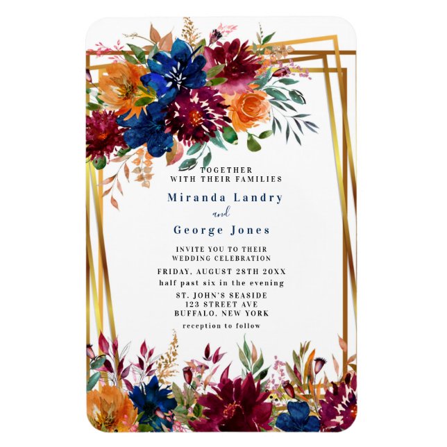 Navy Marsala Orange Floral Gold Wedding Invite Magnet (Vertical)