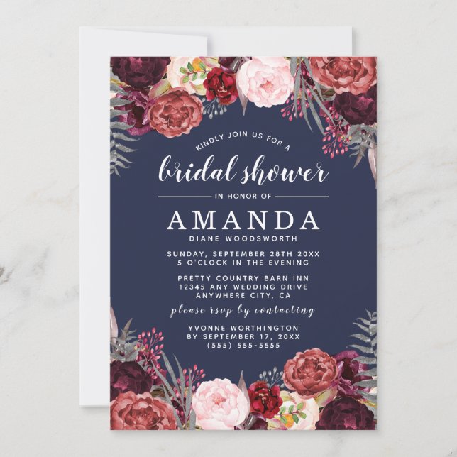 Navy Marsala Peony Fall Bridal Shower Invitations (Front)