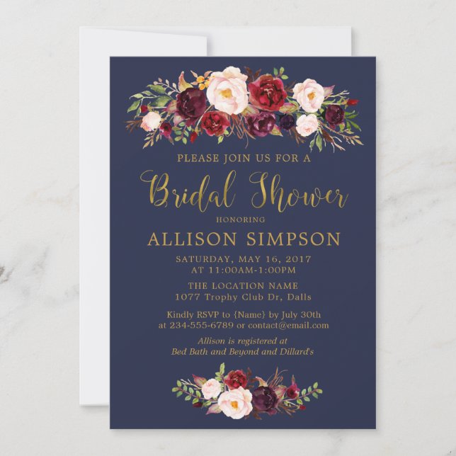 Navy Marsala Red Autumn BridalShower Invitations (Front)