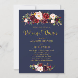 Navy Marsala Red Autumn Rehearsal Dinner Card
