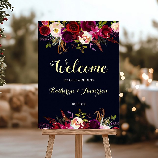 Navy Marsala Rustic Boho Floral Welcome Wedding Poster (Creator Uploaded)