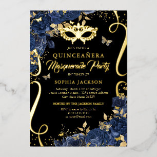 Navy Masquerade Floral Butterfly Quinceanera