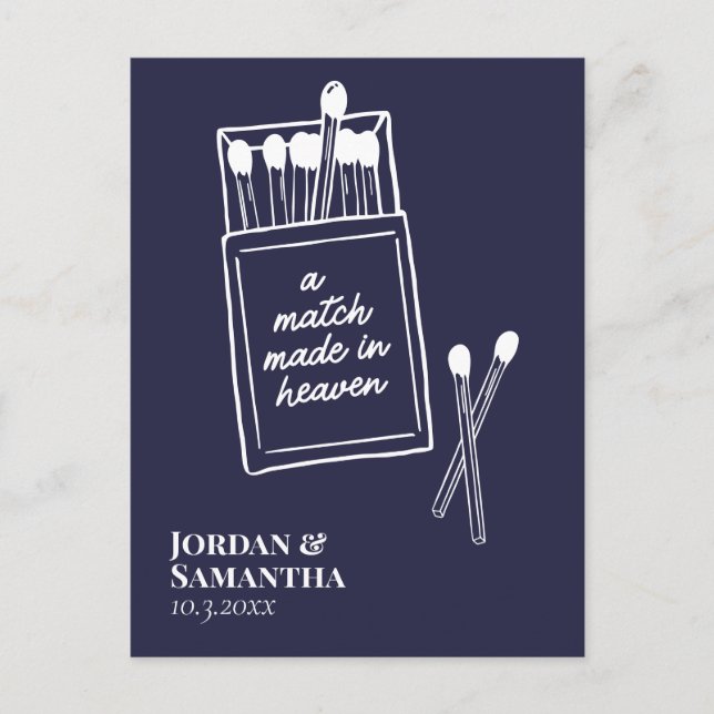 Navy Match Made in Heaven Save the Date Postcard (Front)
