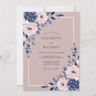 Navy Mauve Stately Floral Wedding Invitation