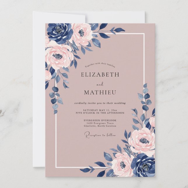 Navy Mauve Stately Floral Wedding Invitation (Front)