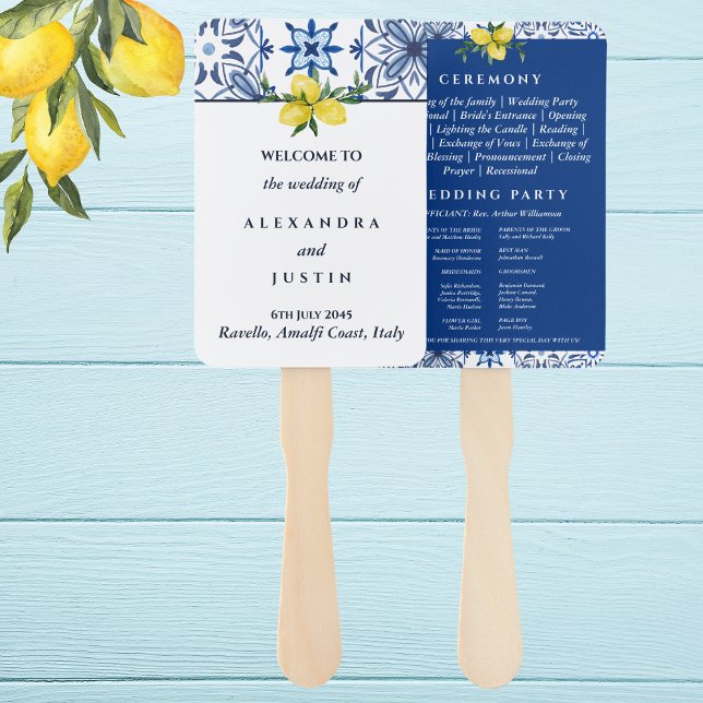 Navy Mediterranean Lemon Italian Wedding Program Hand Fan (Creator Uploaded)