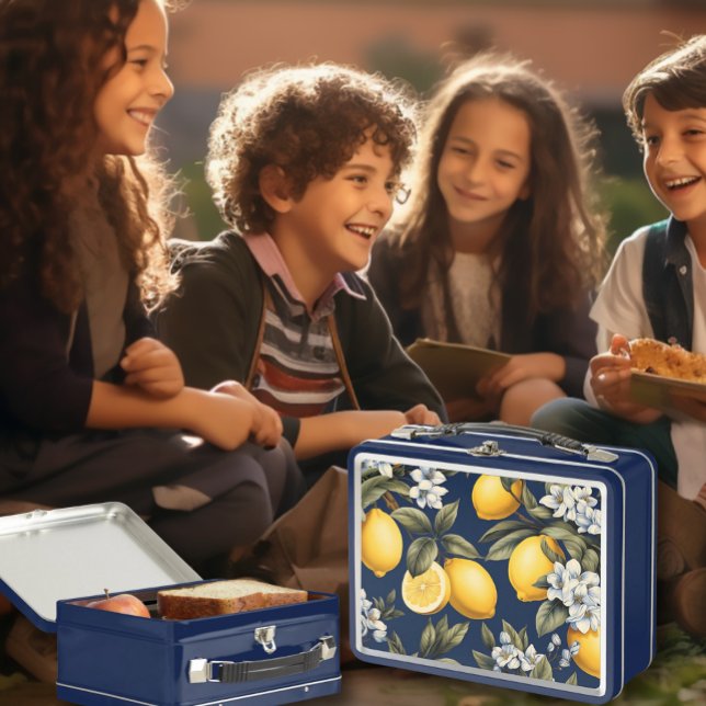 Navy Mediterranean Lemons Stylish Italian Kids Metal Lunch Box (Creator Uploaded)
