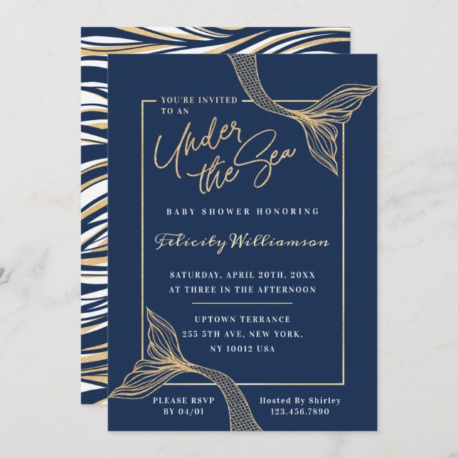 Navy Mermaid Under The Sea Baby Shower Invitation (Front/Back)