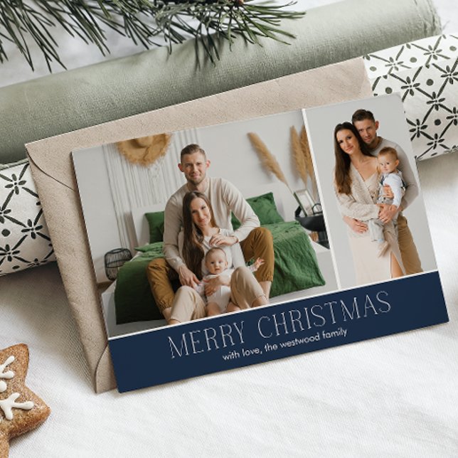 NAVY MERRY Christmas Elegant 2 Photo message Holiday Card (Creator Uploaded)
